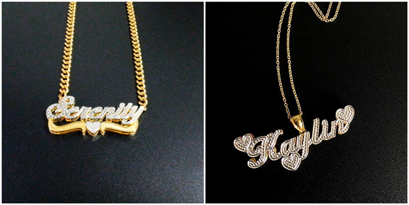 personalized diamond cut cursive nameplate pendant jewelry custom double plate gold diamond cut name necklace wholesale